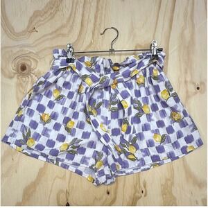 La Porte Women Purple Gingham Lemon Print Linen Blend Paperbag Shorts Medium